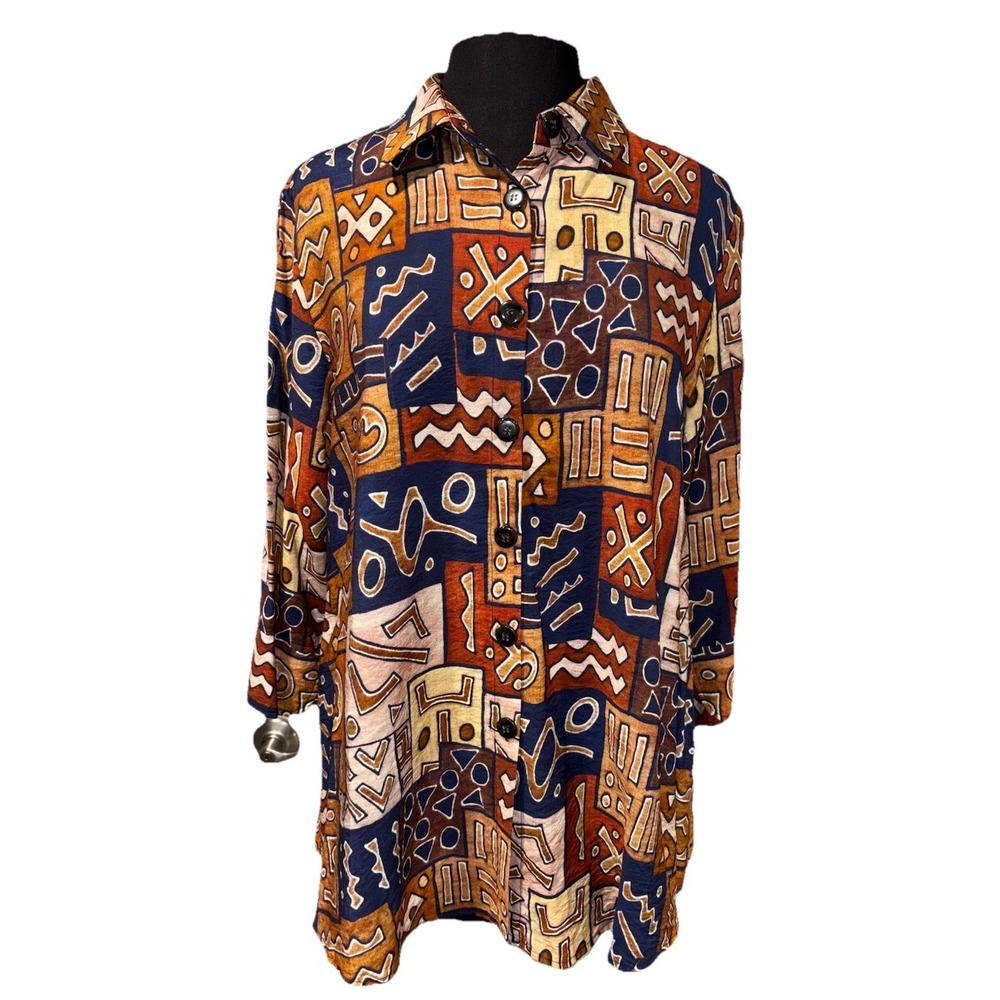New Shana‎ Aztec Block Button Up Tunic Size M Multi Color Art to Wear Pockets